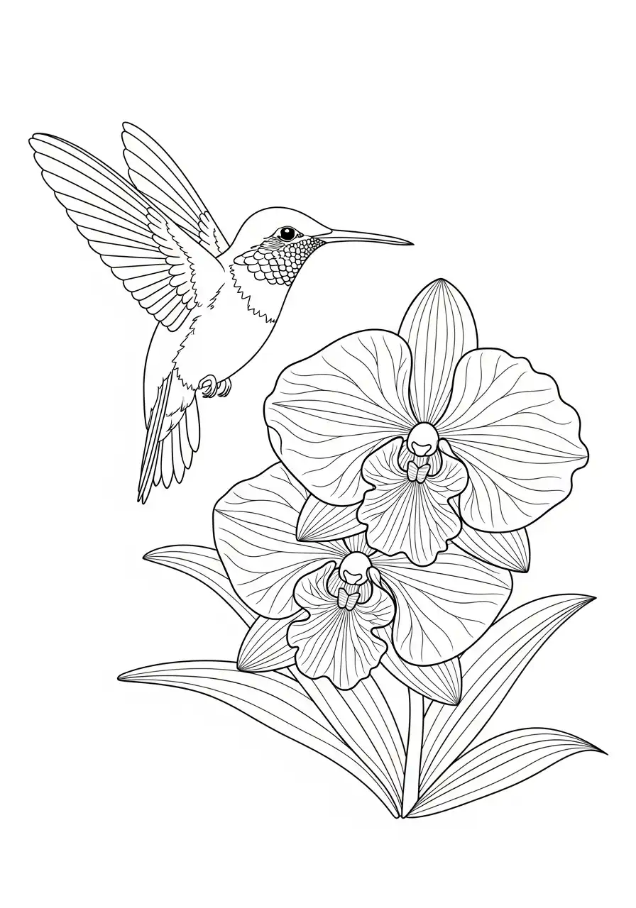 kolibrie bij orchidee bloemen kleurplaat