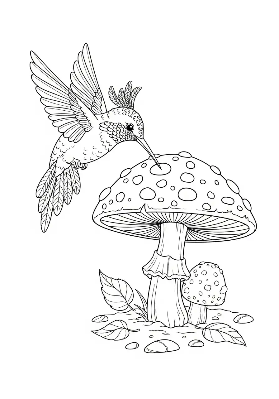 kolibrie bij sprookjesachtige paddenstoel kleurplaat