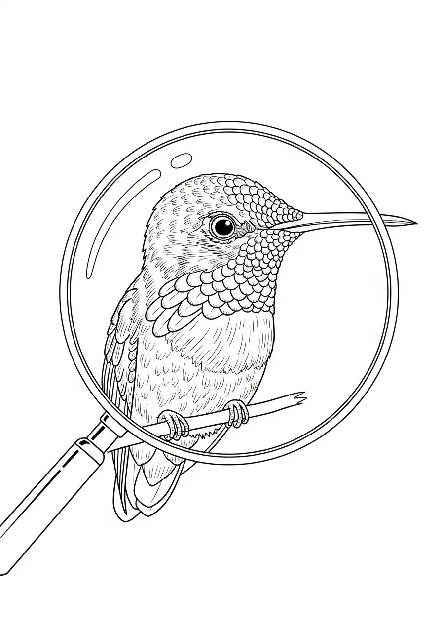 kolibrie door vergrootglas detail kleurplaat