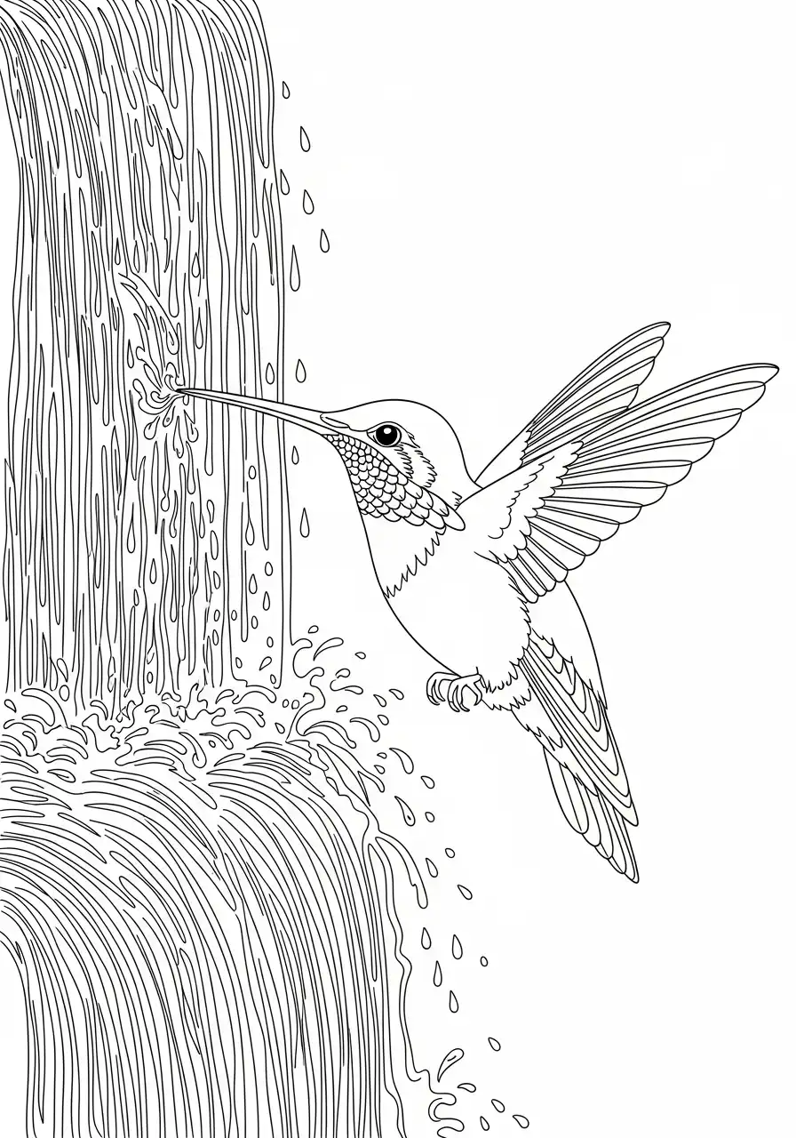 kolibrie drinkt bij waterval kleurplaat