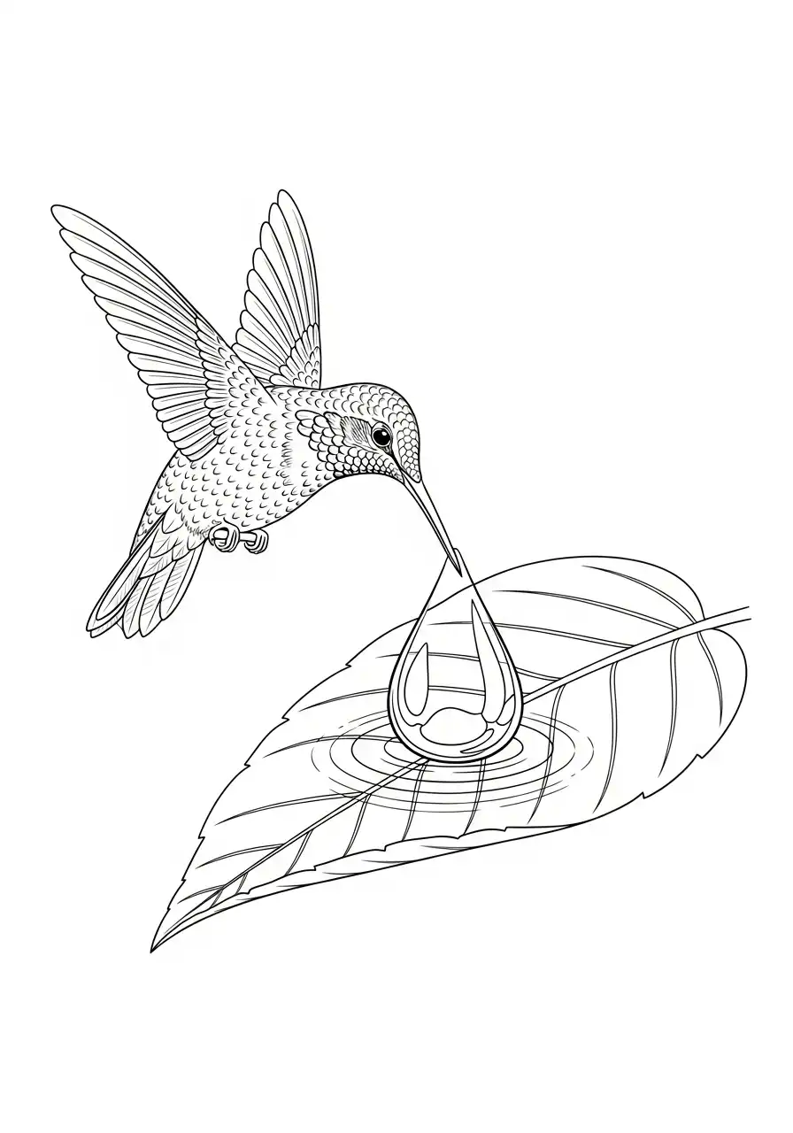 kolibrie drinkt een waterdruppel van blad kleurplaat
