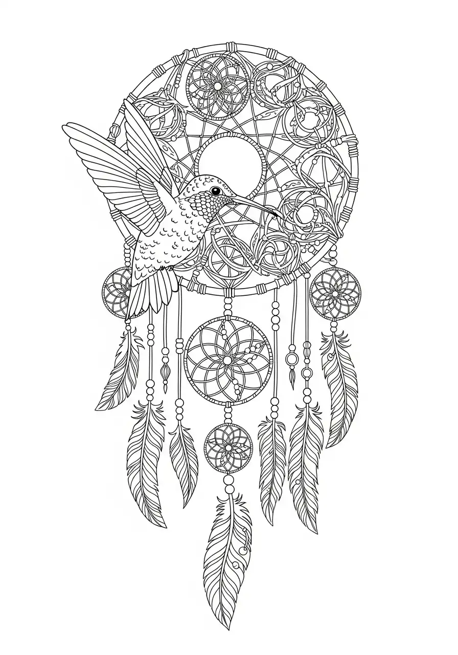 kolibrie en dromenvanger mandala kleurplaat
