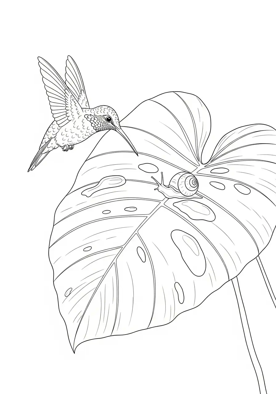 kolibrie en slak op groot blad kleurplaat