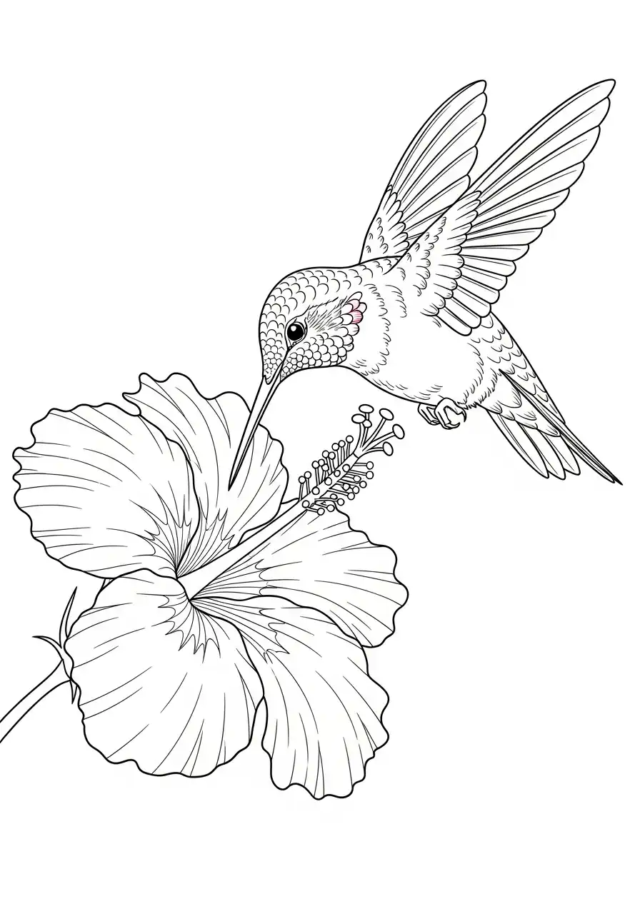 kolibrie nectar drinken uit hibiscus kleurplaat