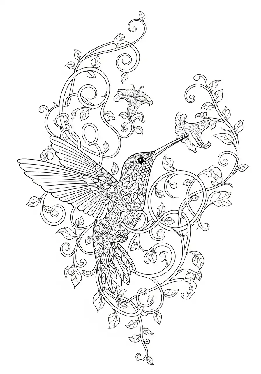 kolibrie tussen sierlijke ranken bloemen kleurplaat