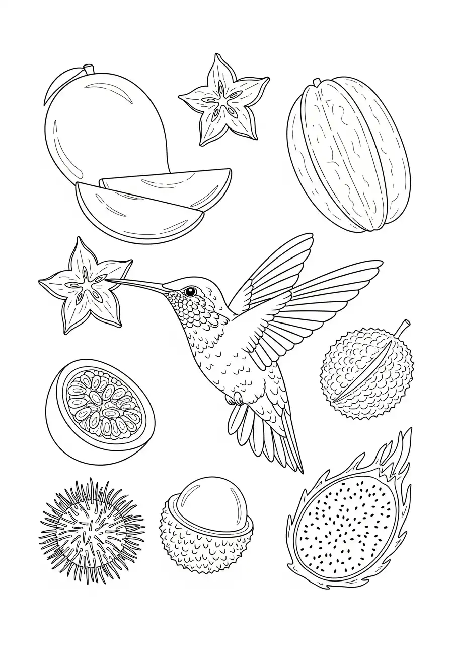 kolibrie tussen tropische vruchten kleurplaat