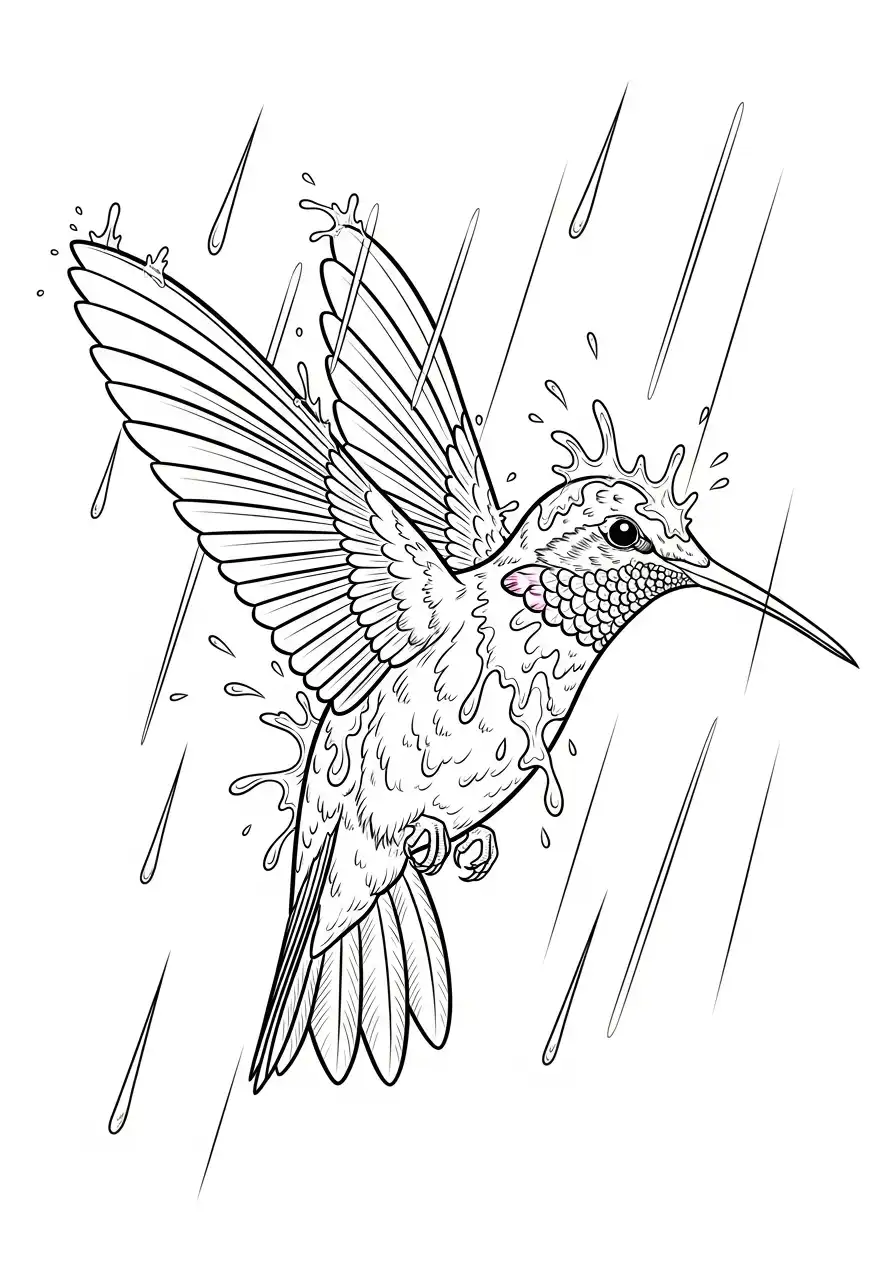 kolibrie vliegt in de regen kleurplaat