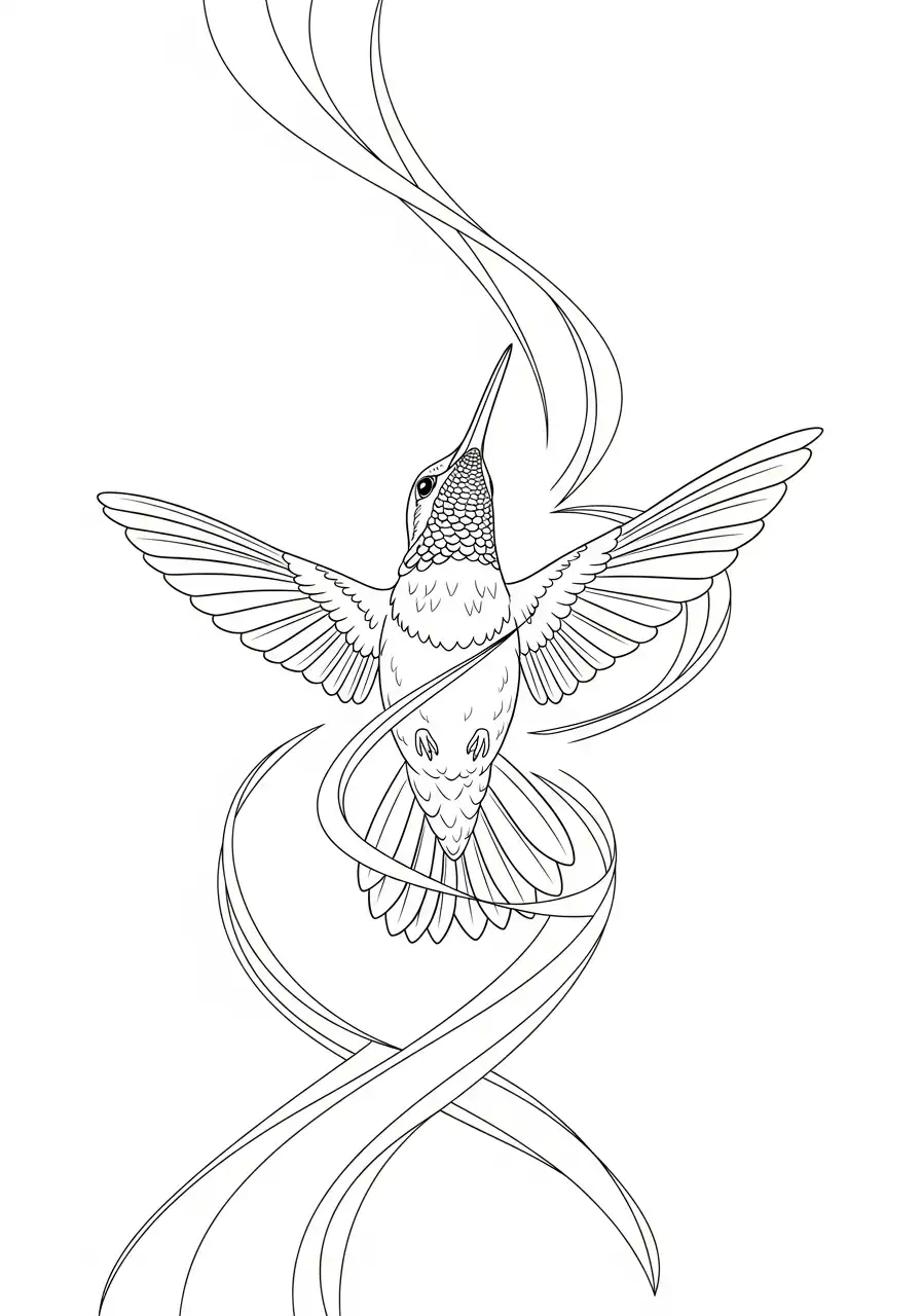 kolibrie vliegt omhoog met linten kleurplaat