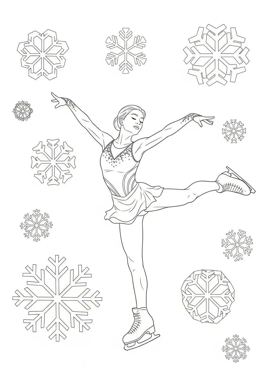 kunstschaatser en sneeuwvlokken kleurplaat