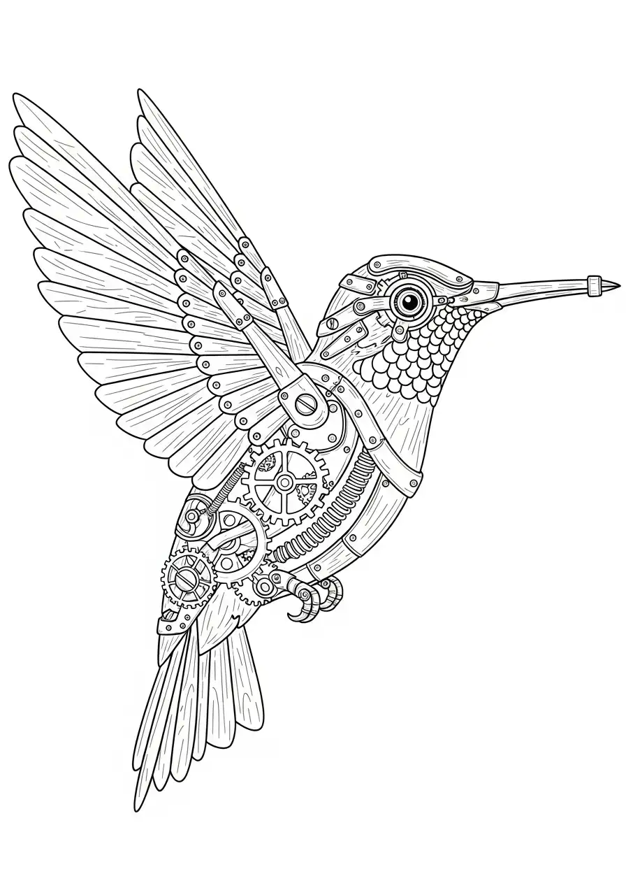 mechanische steampunk kolibrie tandwielen kleurplaat