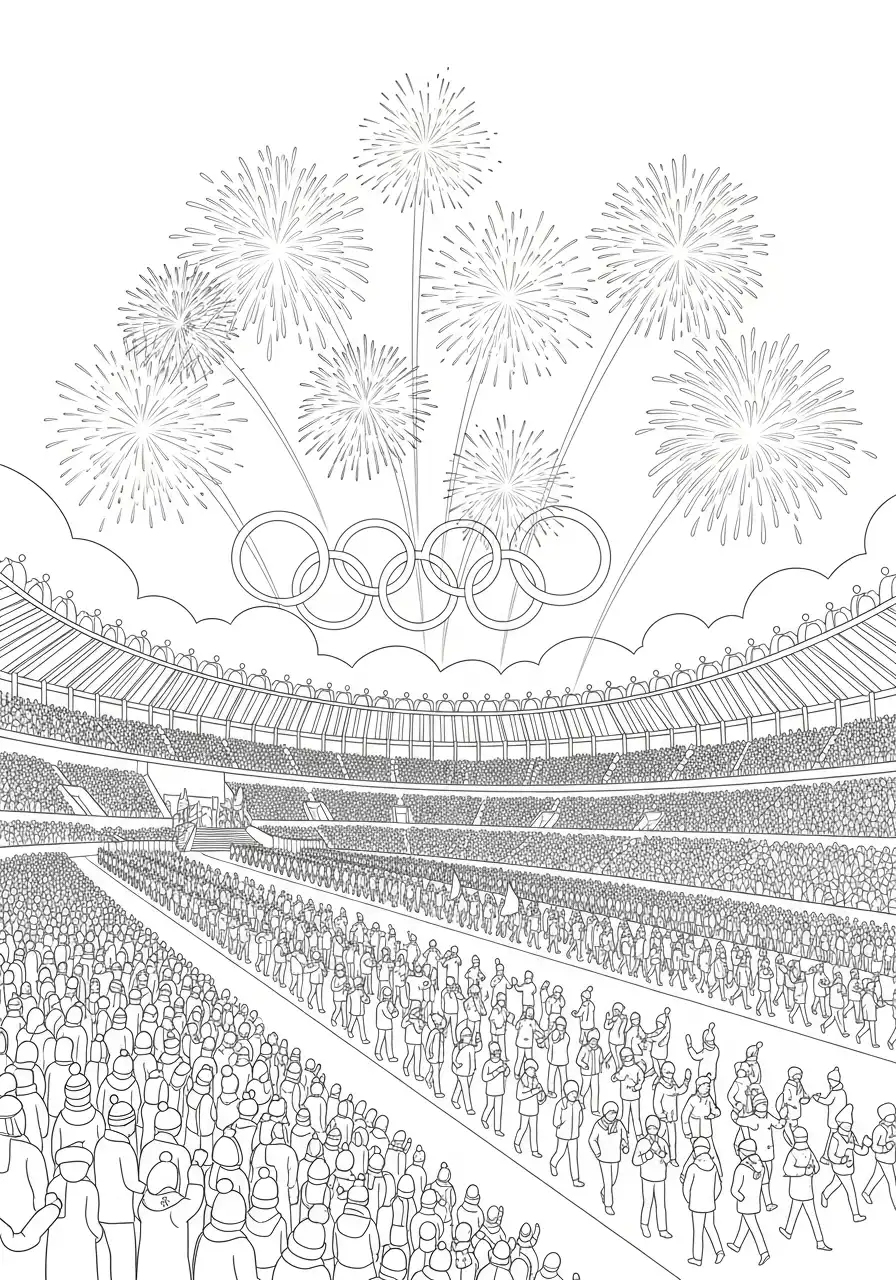 openingsceremonie stadion en vuurwerk kleurplaat