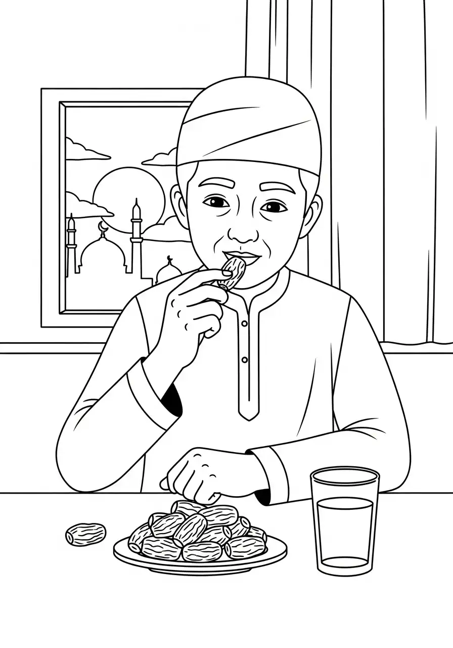 Ramadan Kleurplaat 13 ramadan jongen eet dadel kleurplaat