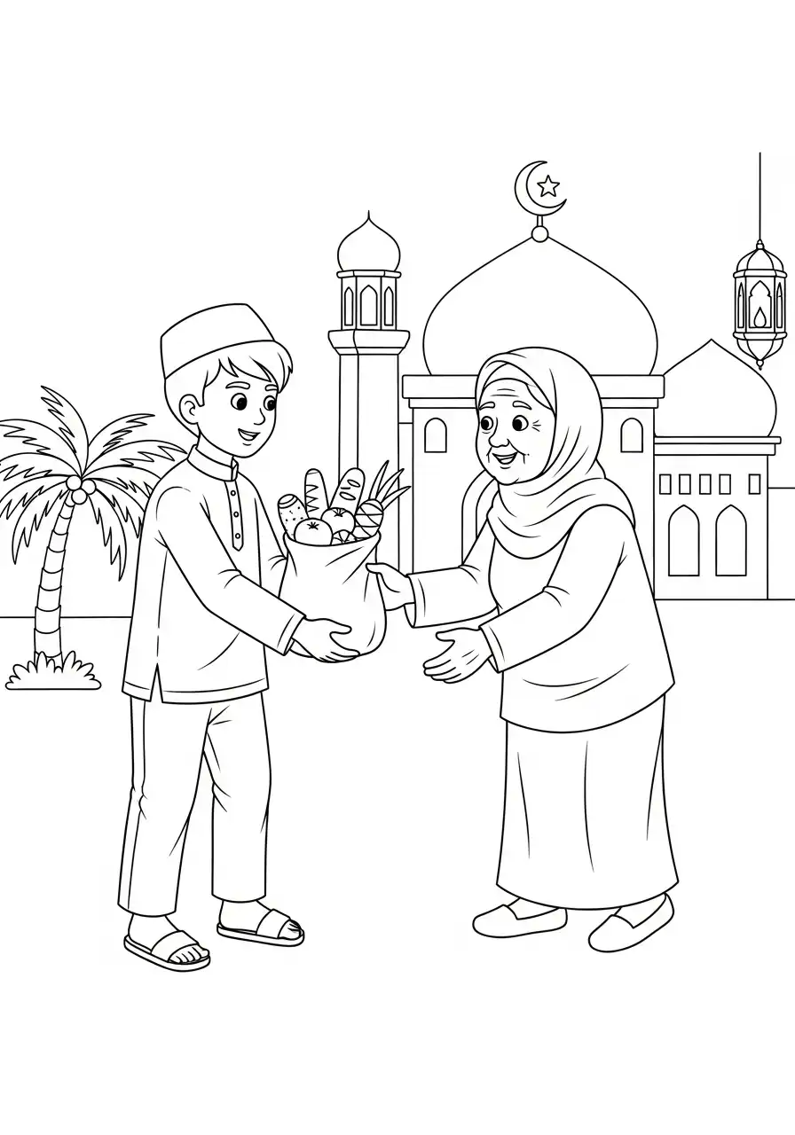 Ramadan Kleurplaat 15 ramadan jongen geeft boodschappen kleurplaat
