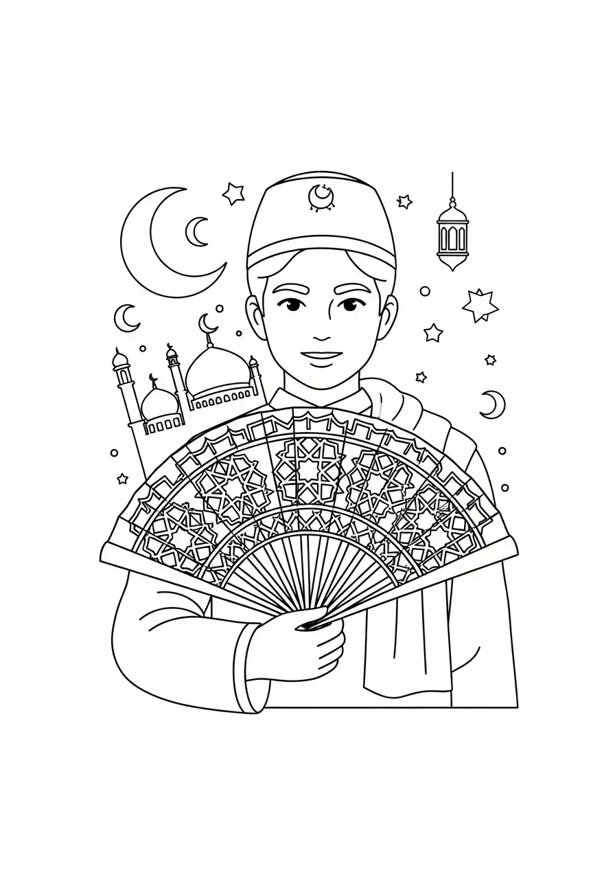 Ramadan Kleurplaat 18 ramadan jongen met waaier moskee kleurplaat
