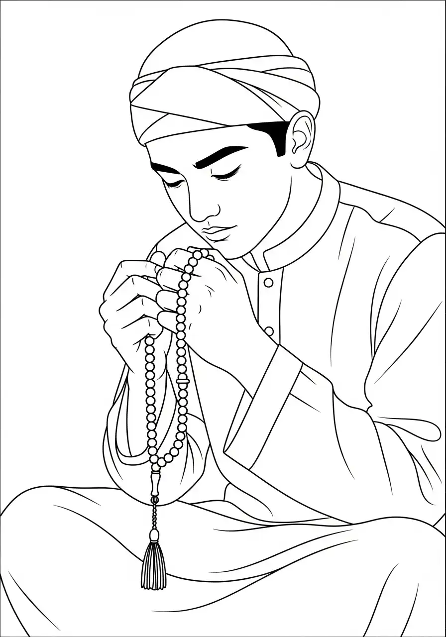 Ramadan Kleurplaat 24 ramadan man bidt gebedskralen kleurplaat