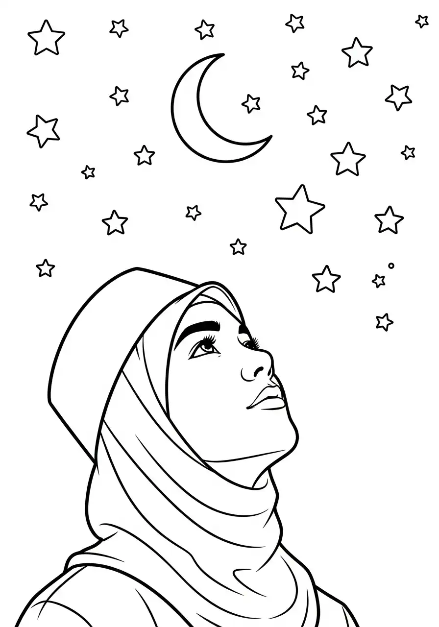 Ramadan Kleurplaat 38 ramadan vrouw kijkt naar hemel kleurplaat