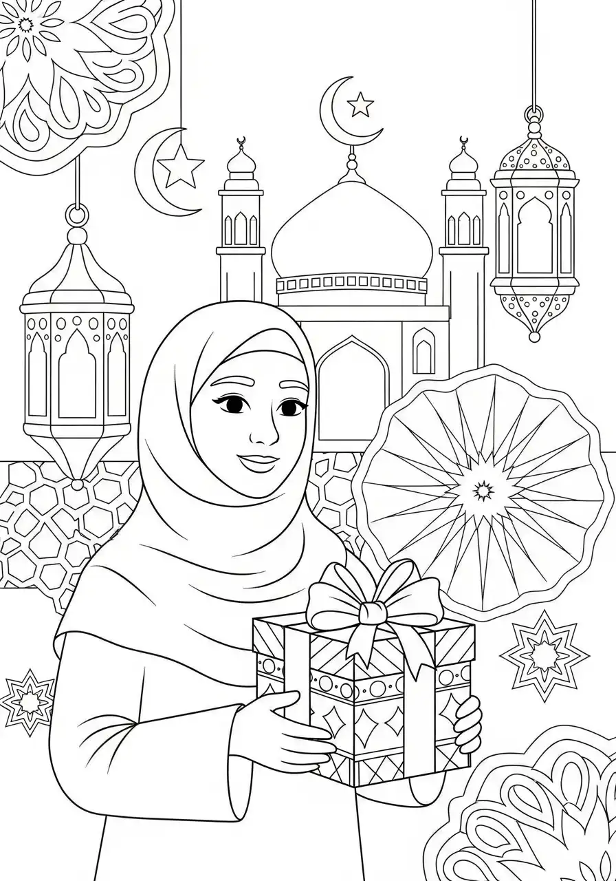 Ramadan Kleurplaat 39 ramadan vrouw met cadeau kleurplaat