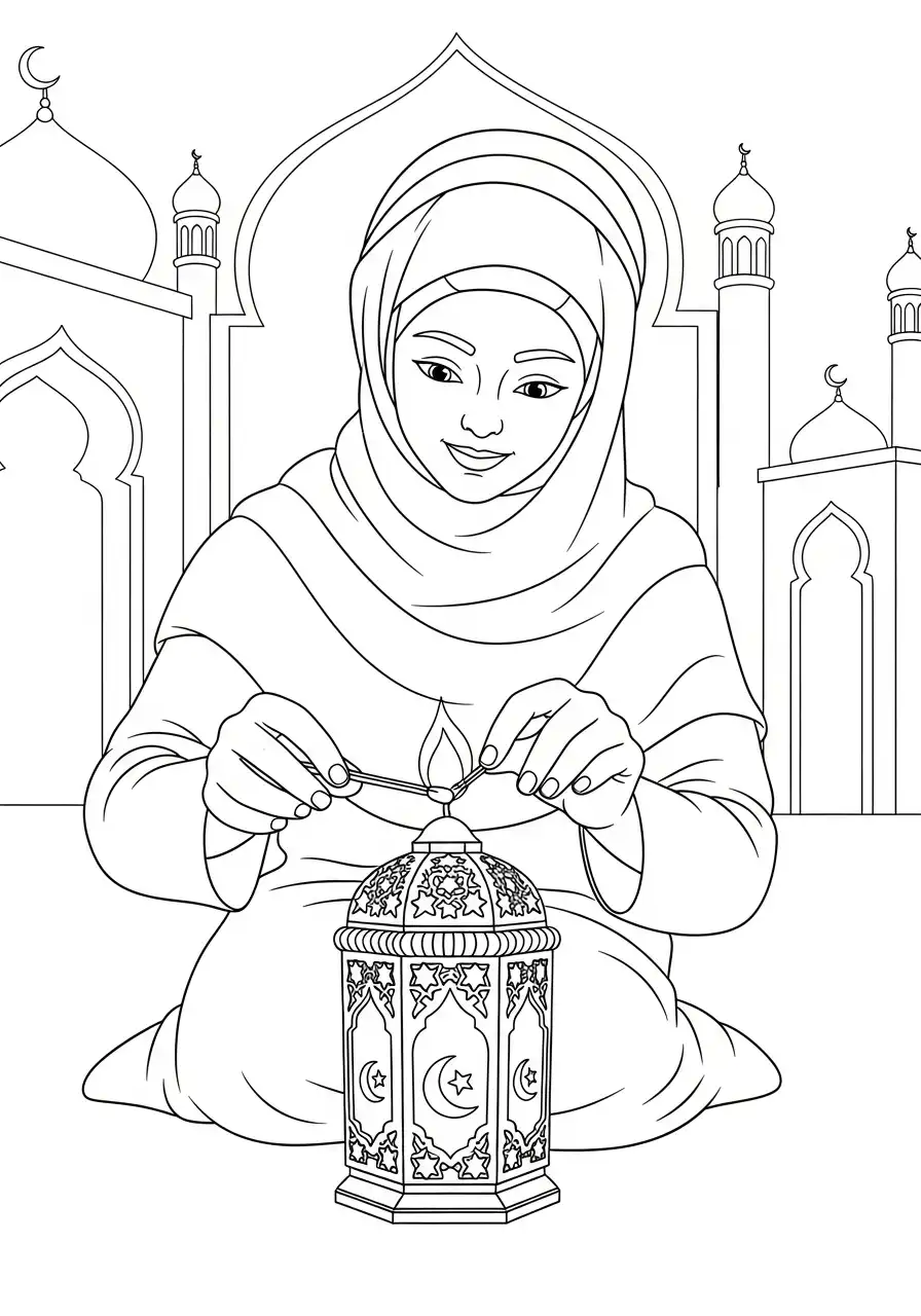 Ramadan Kleurplaat 41 ramadan vrouw steekt lantaarn aan kleurplaat