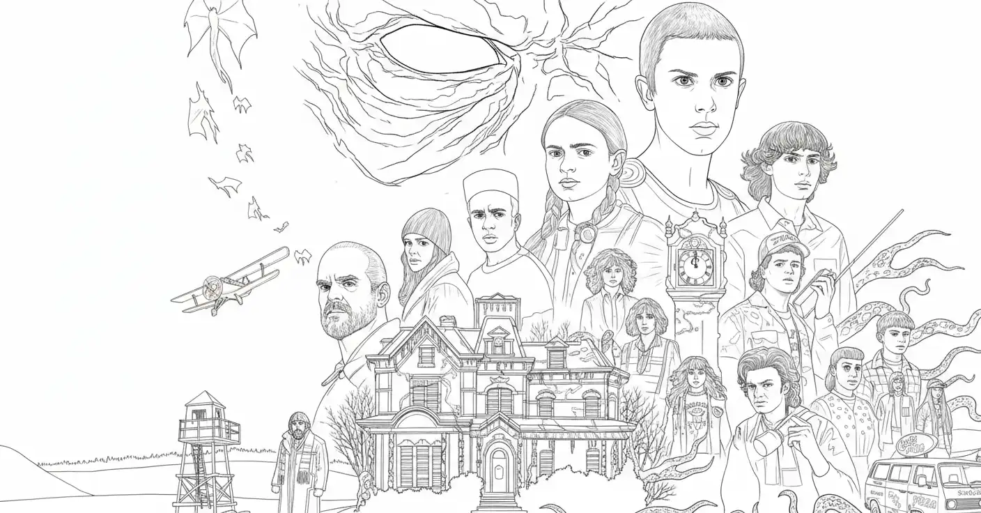 Stranger Things Kleurplaat 14 stranger things grote groep personages kleurplaat