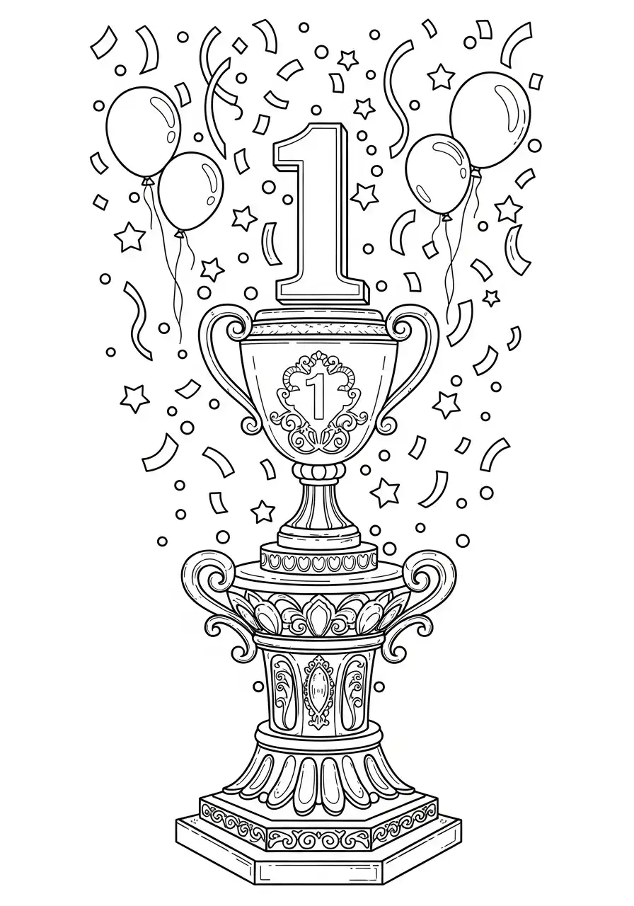 trofee en confetti cijfer een kleurplaat