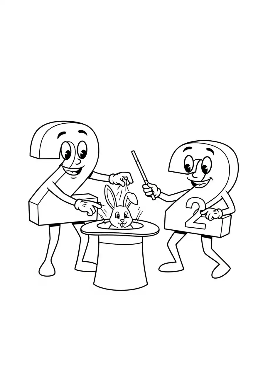 twee cijfers goochelen met konijn kleurplaat