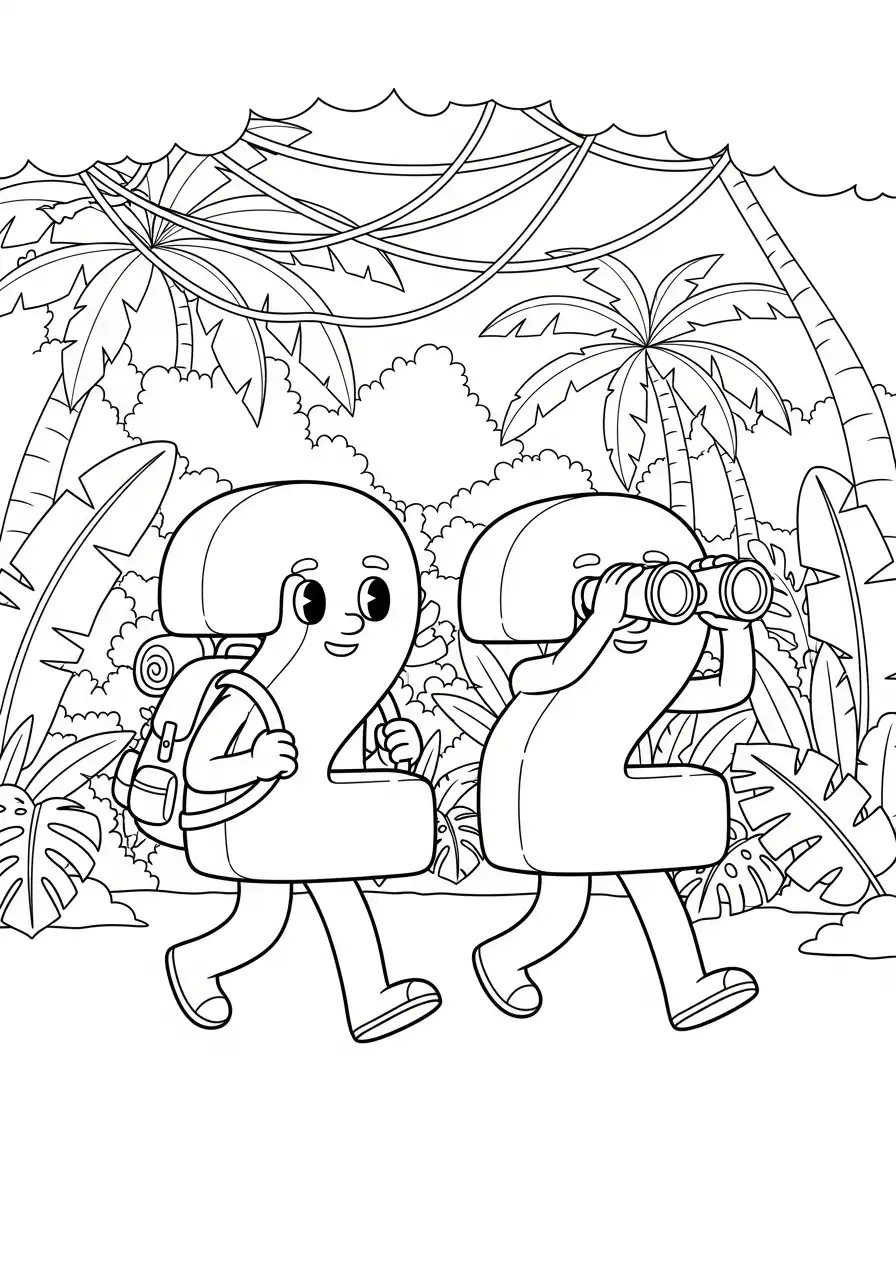 twee cijfers wandelen in de jungle kleurplaat