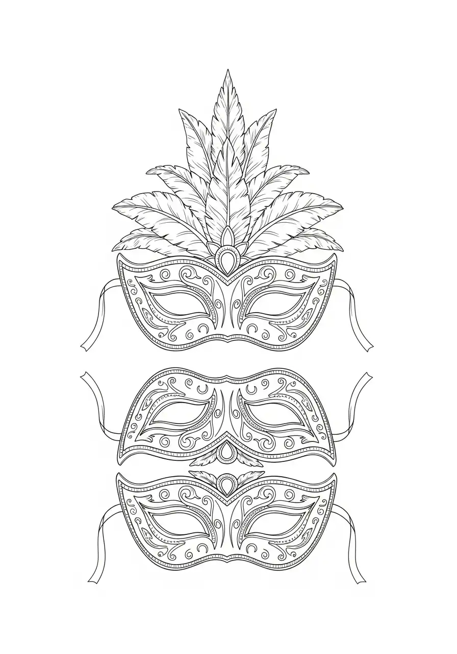 versierde venetiaanse maskers met veren kleurplaat