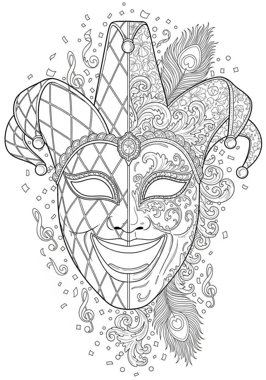 vrolijke harlekijn masker met veer kleurplaat