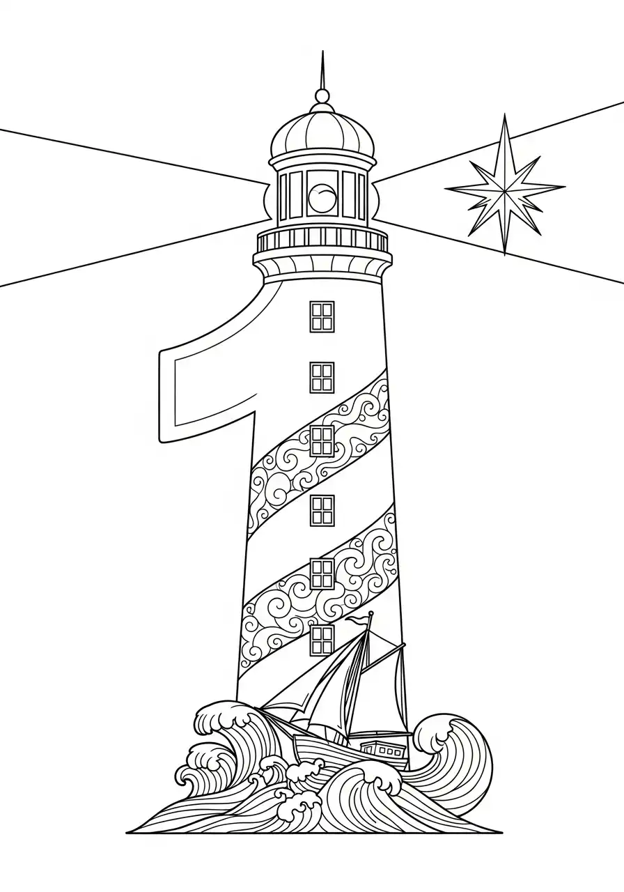 vuurtoren en schip cijfer een kleurplaat