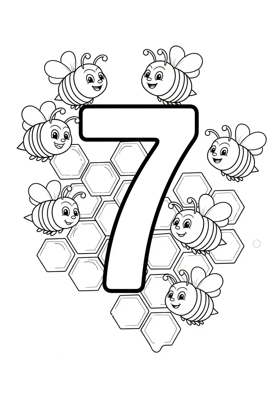 bijen rondom cijfer 7 honingraat kleurplaat