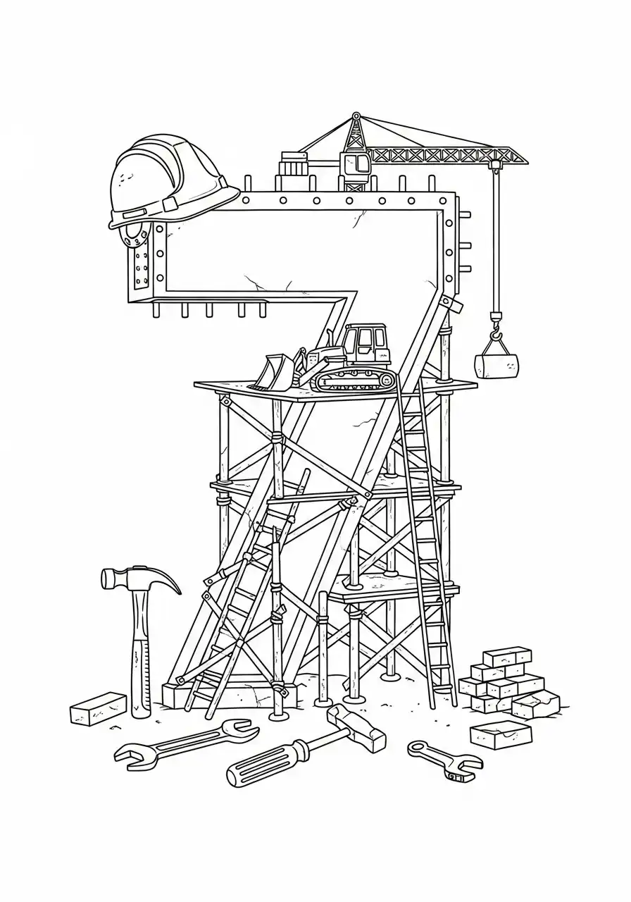 bouwplaats cijfer 7 met kraan kleurplaat