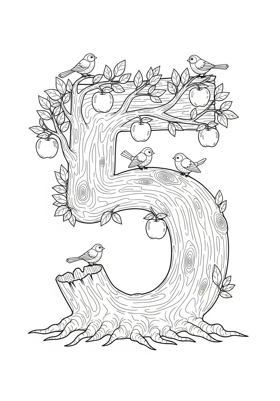 cijfer 5 als boom met appels en vogels kleurplaat