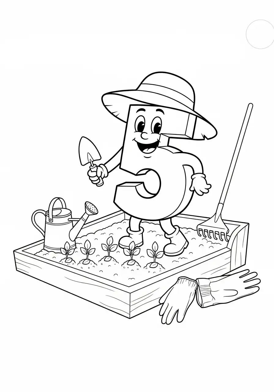 cijfer 5 als tuinier in de tuin kleurplaat