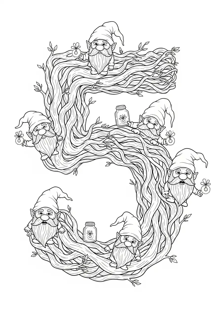 cijfer 5 boomwortels en kabouters kleurplaat