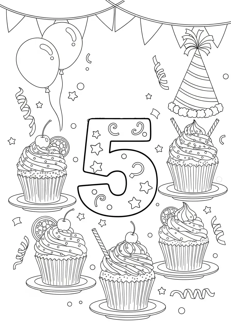 cijfer 5 feest met cupcakes kleurplaat