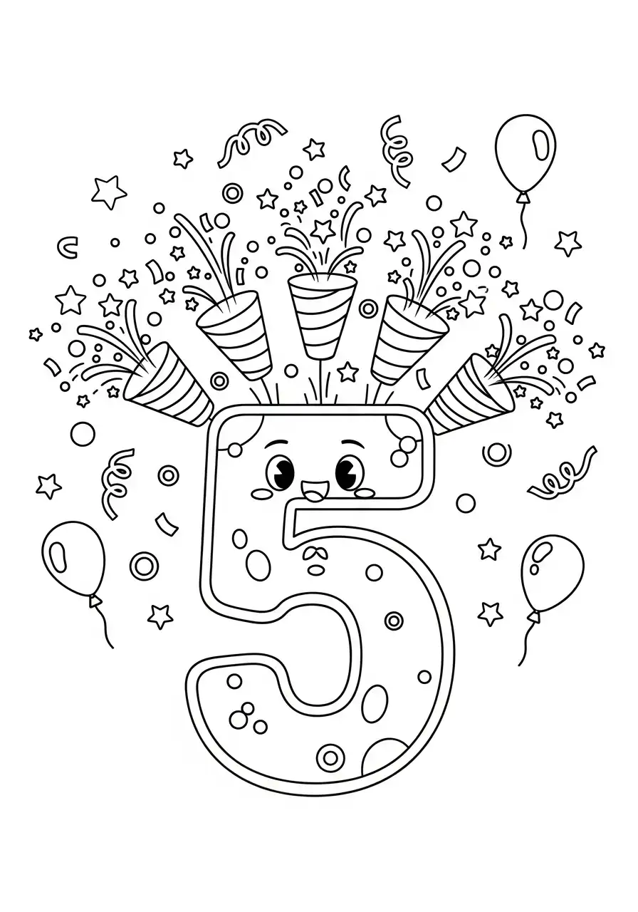 cijfer 5 feesttoeters confetti en ballonnen kleurplaat