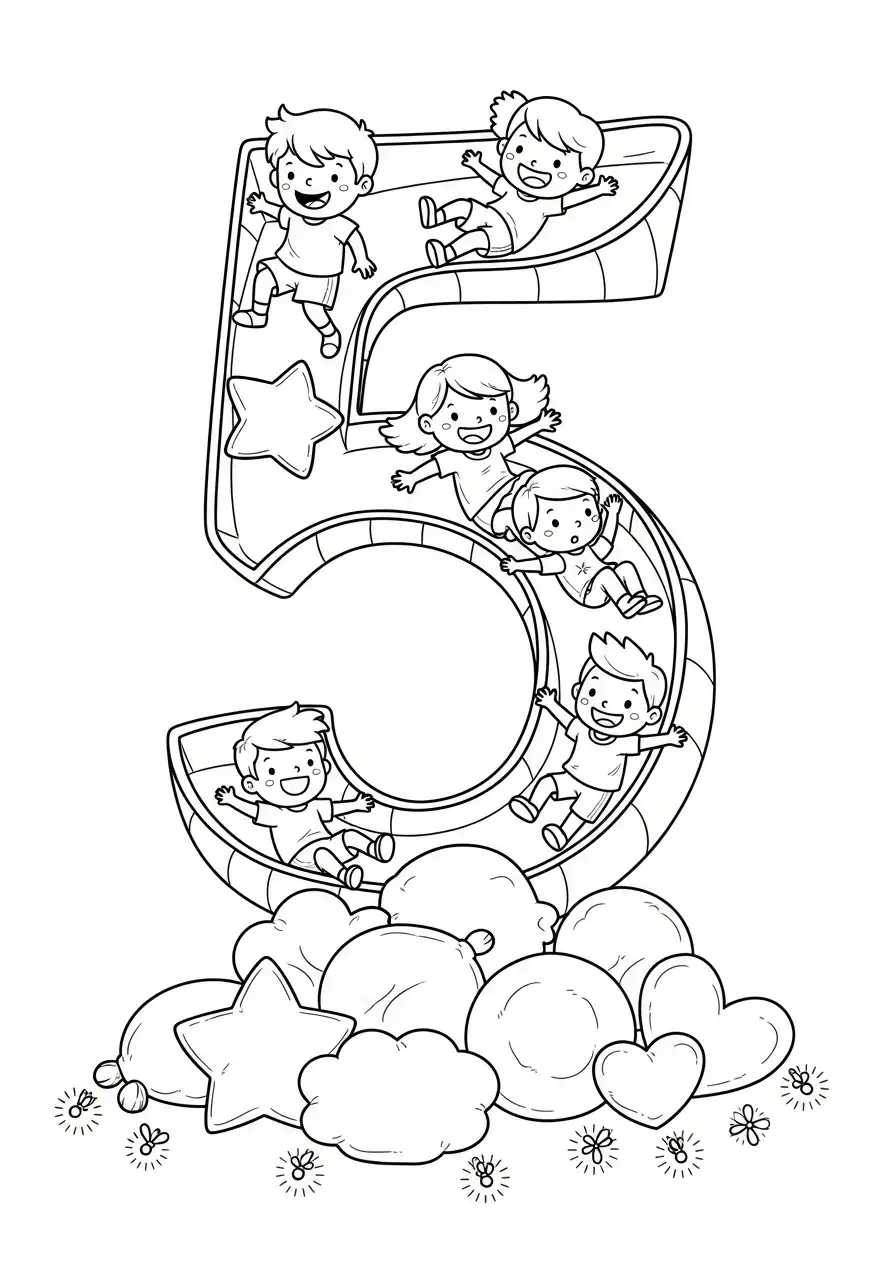 cijfer 5 glijbaan met spelende kinderen kleurplaat