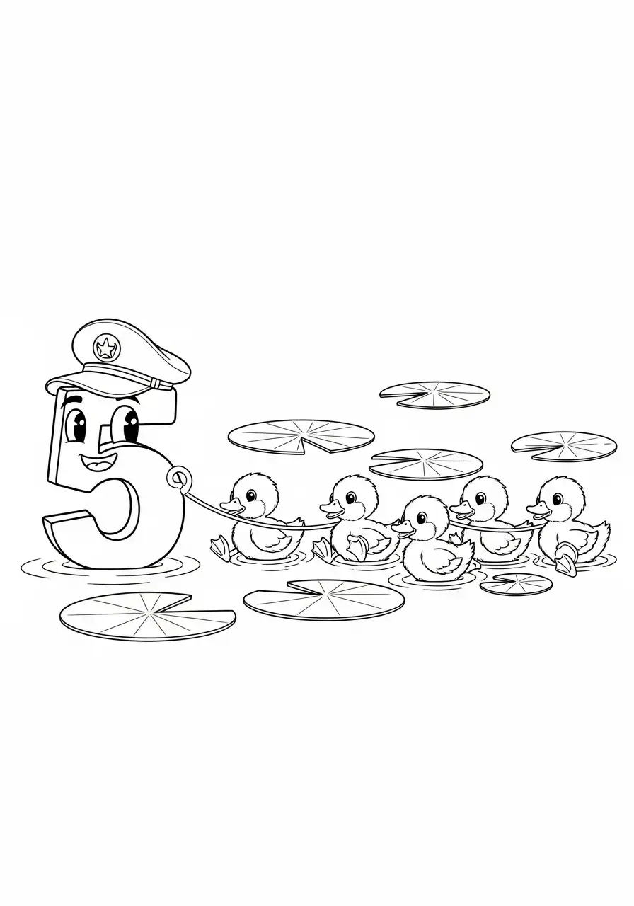 cijfer 5 kapitein met zwemmende eendjes kleurplaat