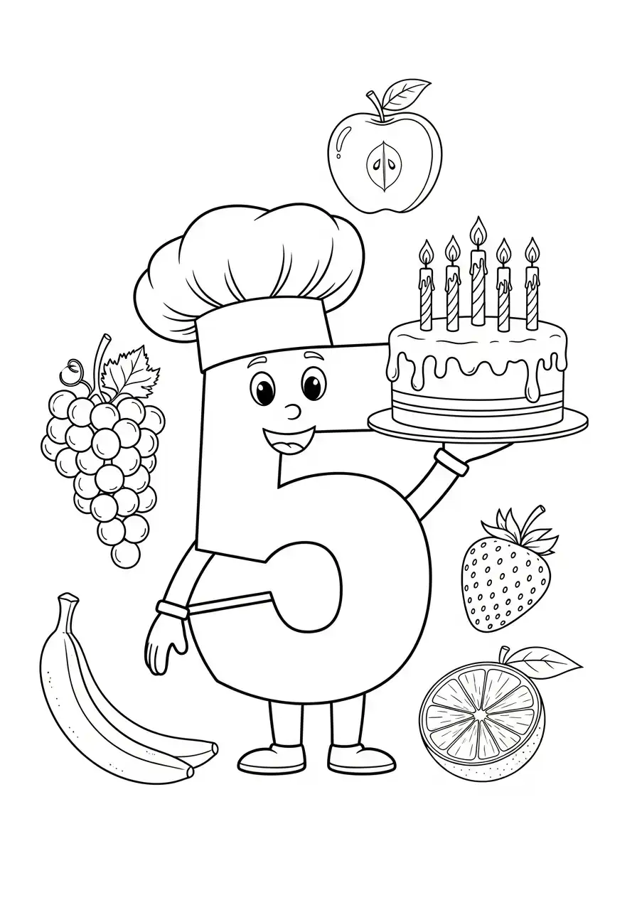 cijfer 5 kok met taart en fruit kleurplaat