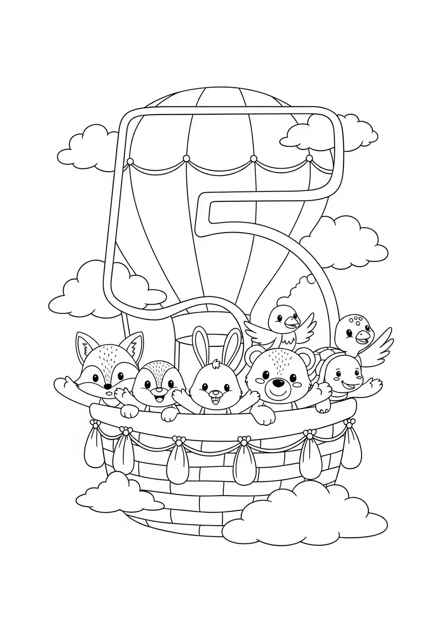 cijfer 5 luchtballon met schattige dieren kleurplaat