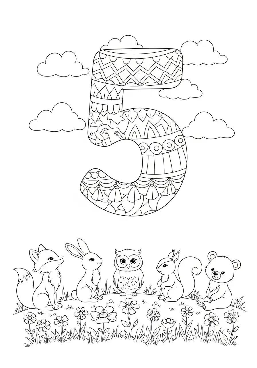 cijfer 5 mandala en bosdieren kleurplaat