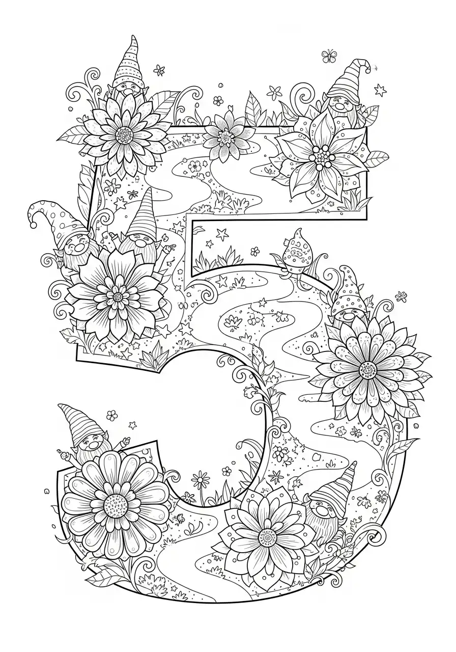 cijfer 5 mandala met bloemen en kabouters kleurplaat
