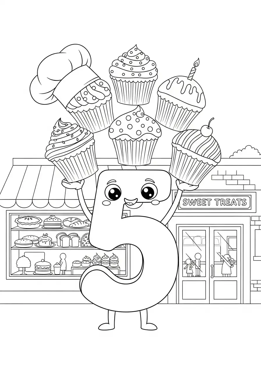 cijfer 5 met cupcakes voor de bakkerij kleurplaat