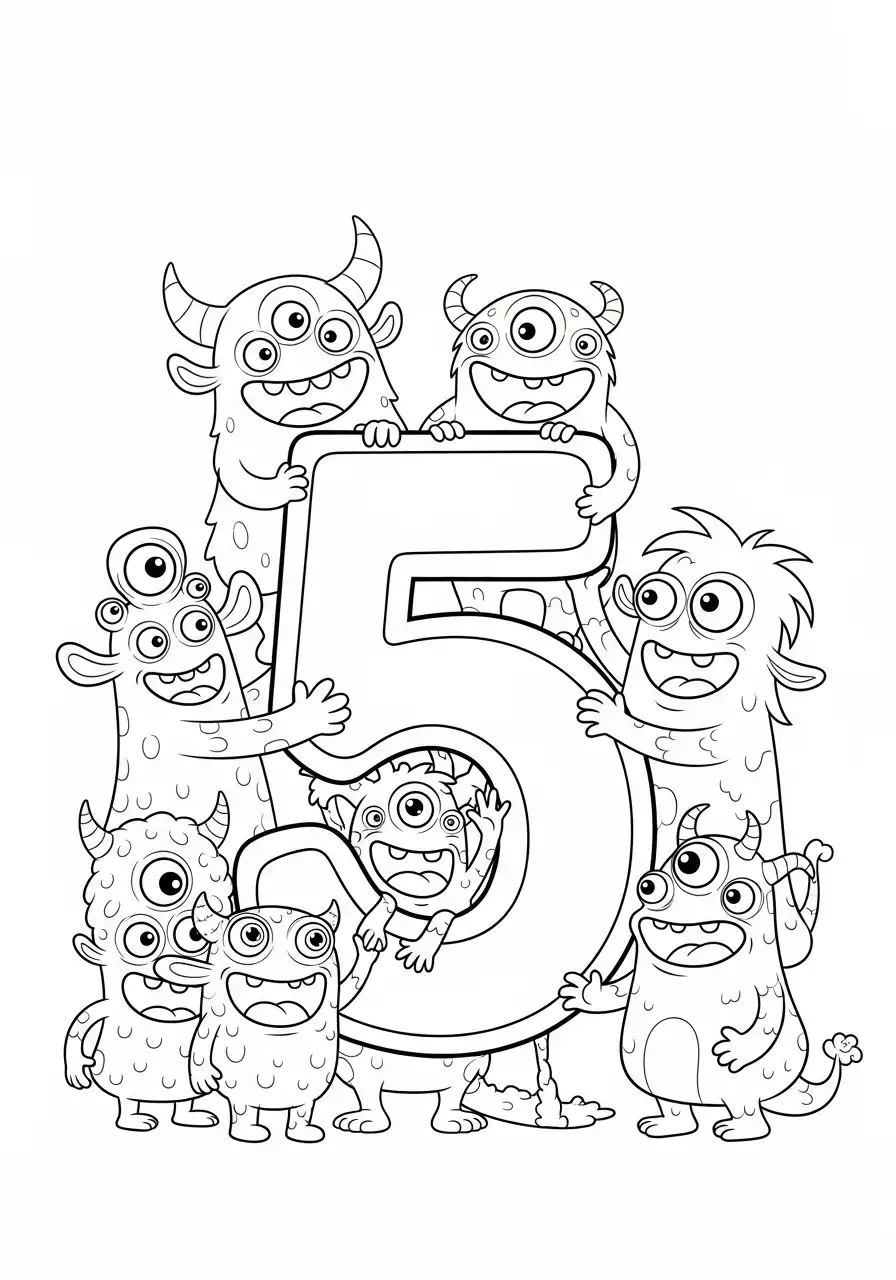 cijfer 5 met grappige monsters kleurplaat
