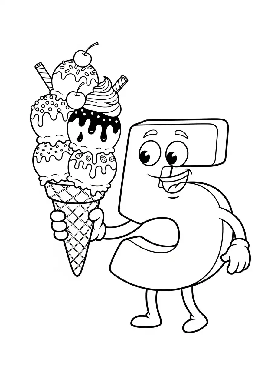 cijfer 5 met groot ijsje kleurplaat