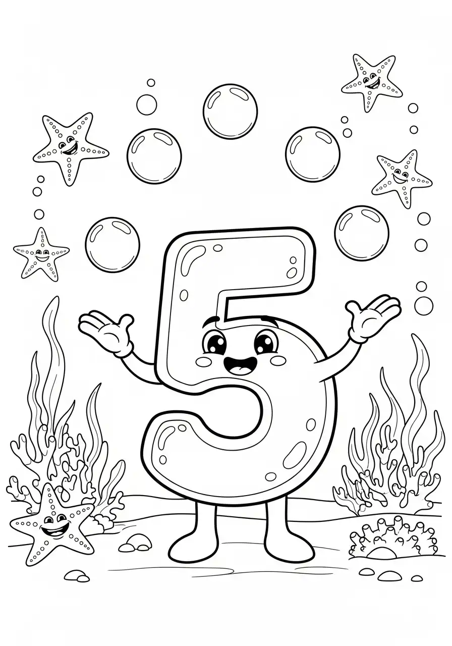 cijfer 5 onderwater met zeesterren kleurplaat