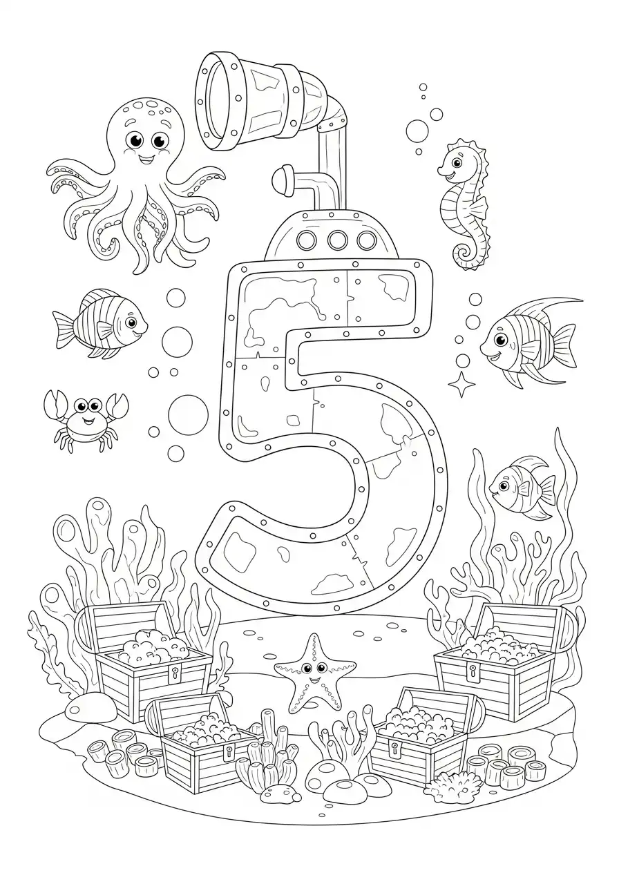 cijfer 5 onderzeeer en schatkisten kleurplaat