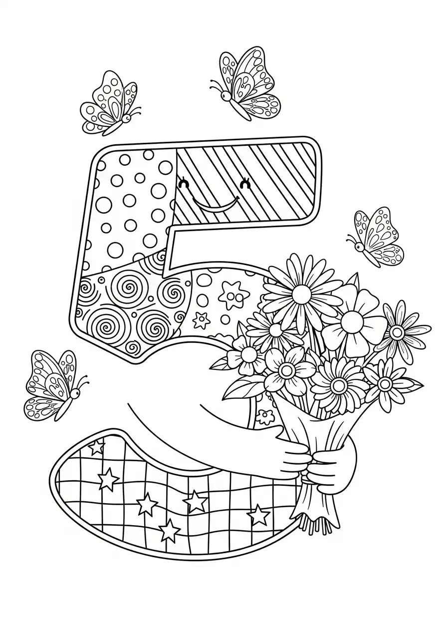 cijfer 5 patronen bloemen en vlinders kleurplaat