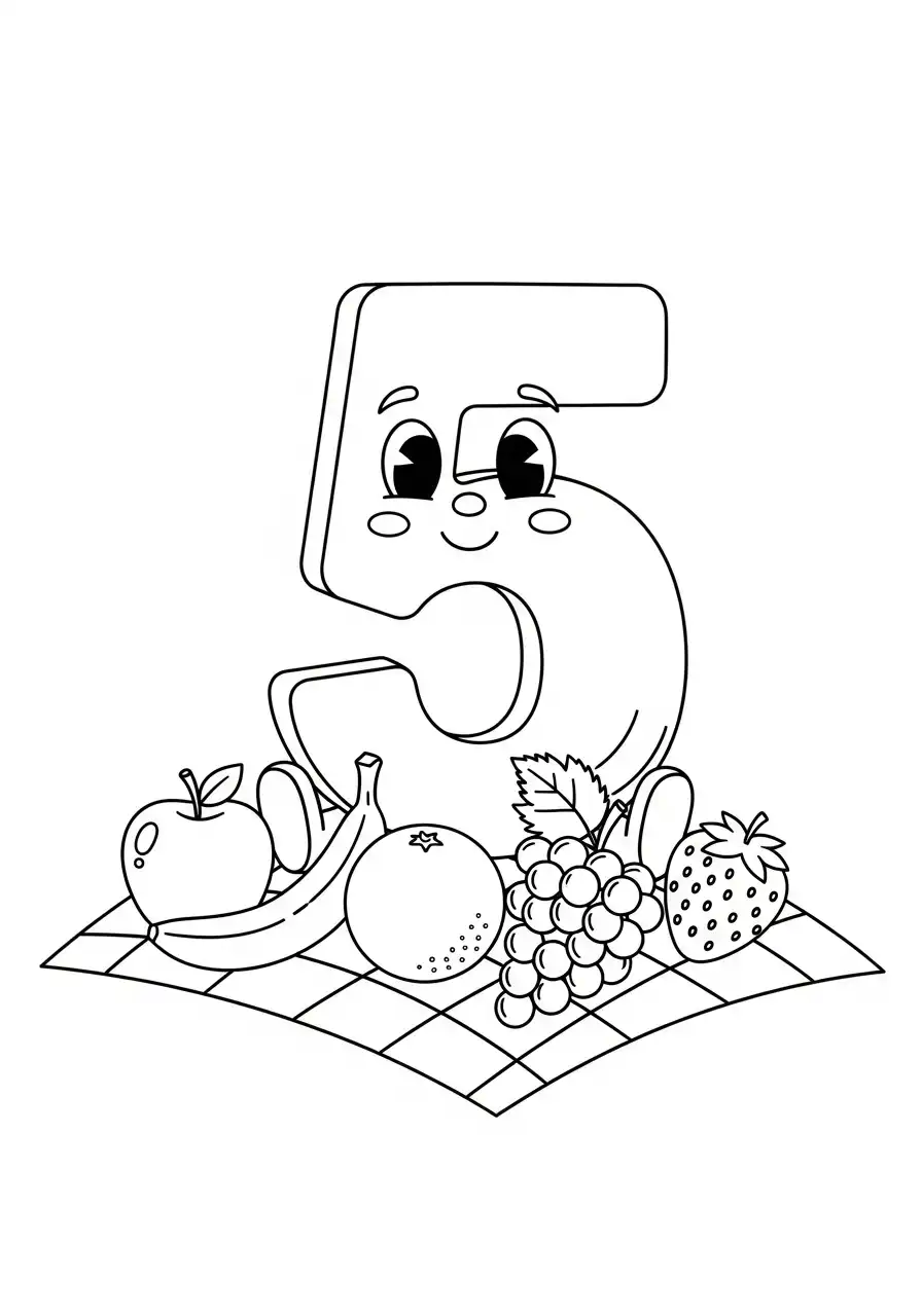 cijfer 5 picknick met fruit kleurplaat