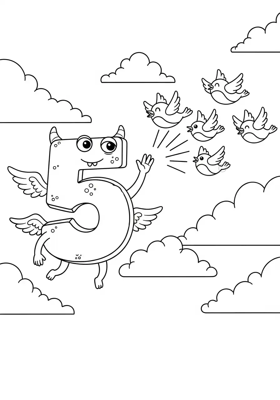 cijfer 5 vliegend monster met vogeltjes kleurplaat